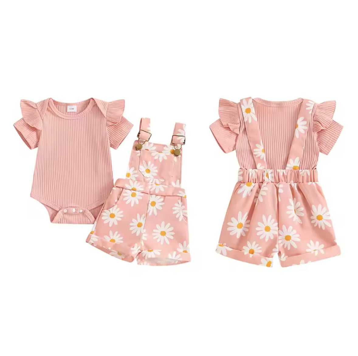 Baby Toddler Girls Ribbed Romper & Dungaree Shorts Set. 3 Colours 3M-18M