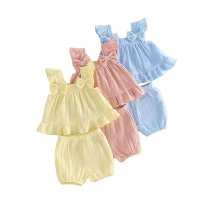Kids Girls Muslin Ruffled Bowknot Vest Top & Shorts Set. 3 Colours 12M-4Y