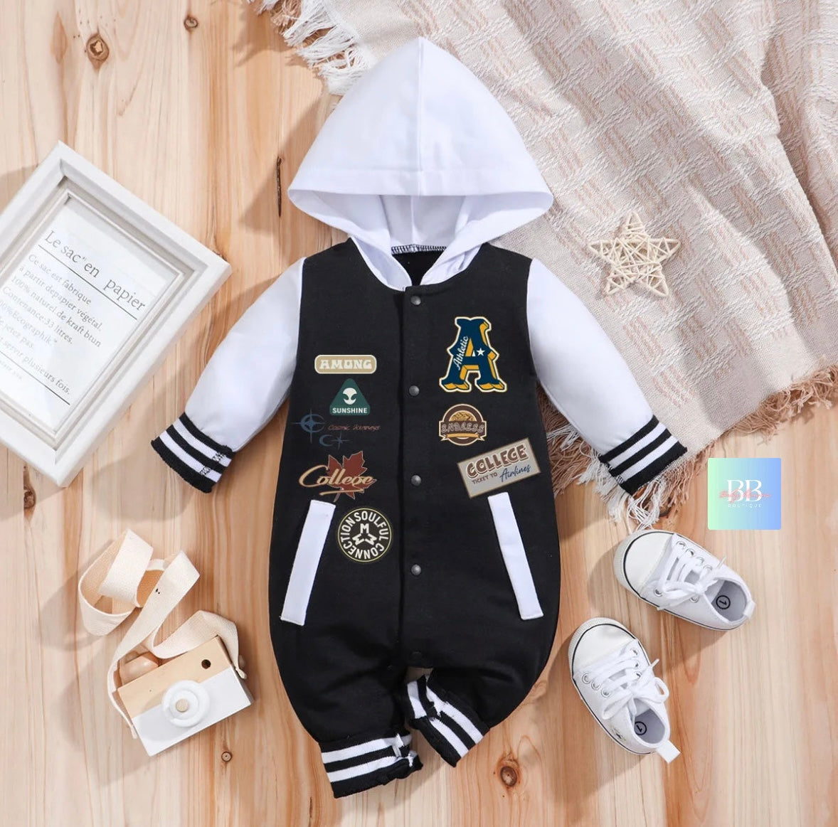Baby Boys Baseball Romper, Long Sleeve with Hood 0-18M