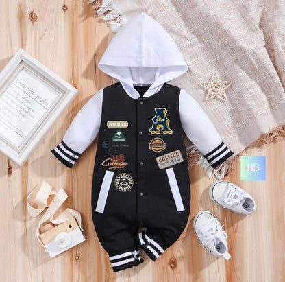 Baby Boys Baseball Romper, Long Sleeve with Hood 0-18M