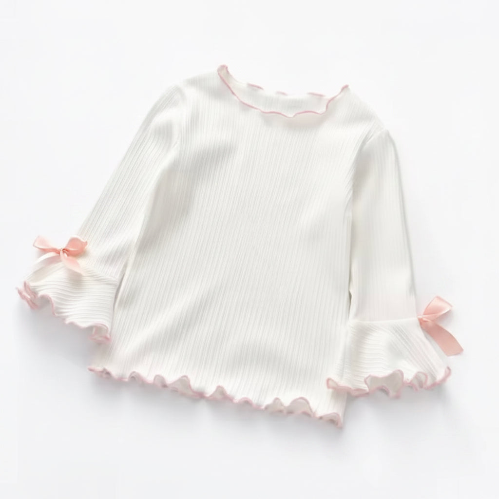 Kids Girls Ribbed Long Sleeve Bowknot Top. 3 Colours 2-8Y