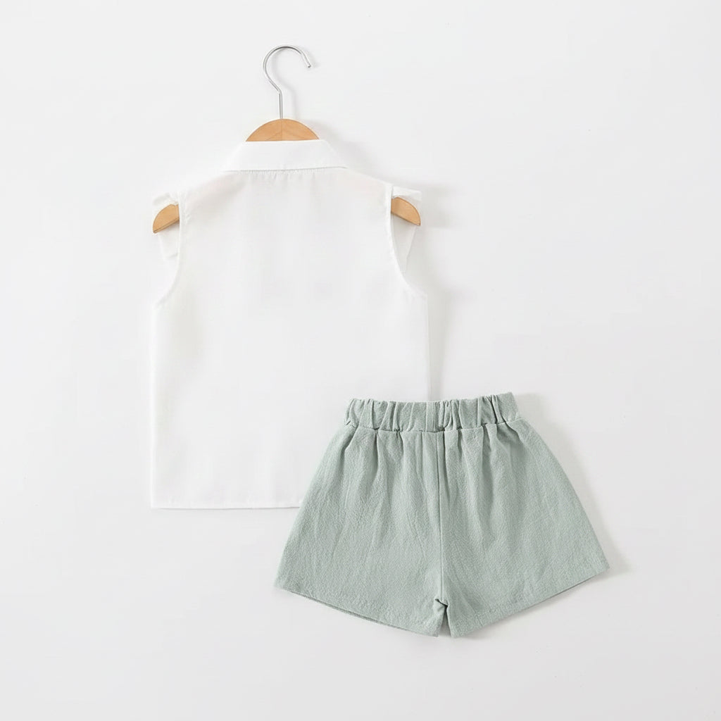 Baby Toddler Girls Sleeveless Cotton Shirt & Linen Shorts Set. 2 Colours 9M-3Y