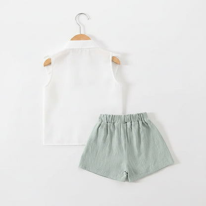 Baby Toddler Girls Sleeveless Cotton Shirt & Linen Shorts Set. 2 Colours 9M-3Y