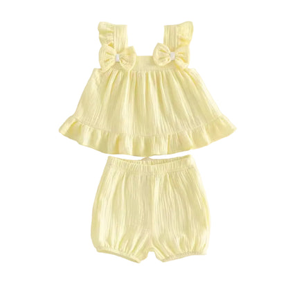 Kids Girls Muslin Ruffled Bowknot Vest Top & Shorts Set. 3 Colours 12M-4Y