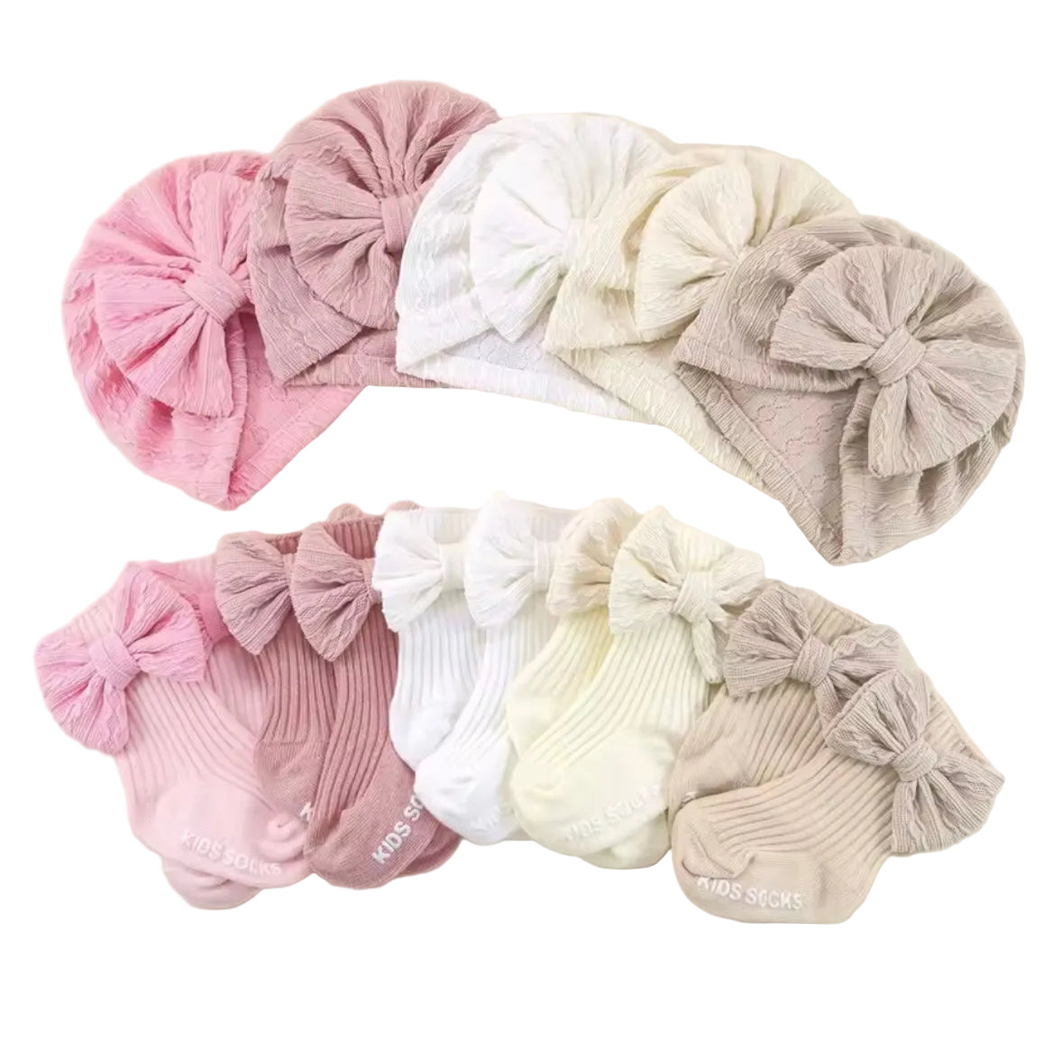 Baby Toddler Girls Bowknot Headscarf Hat & Matching Bowknot Socks. 5 Colours Fits 0-6M