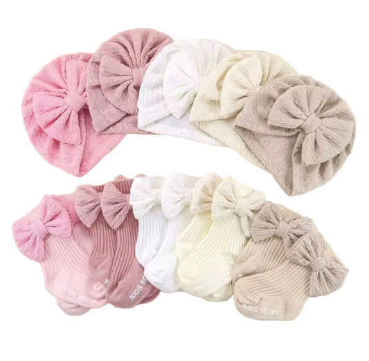 Baby Toddler Girls Bowknot Headscarf Hat & Matching Bowknot Socks. 5 Colours Fits 0-6M