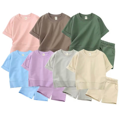 Kids Unisex Lightweight Short Sleeve Sweater & Matching Shorts Set. 6 Colours 12M-7Y