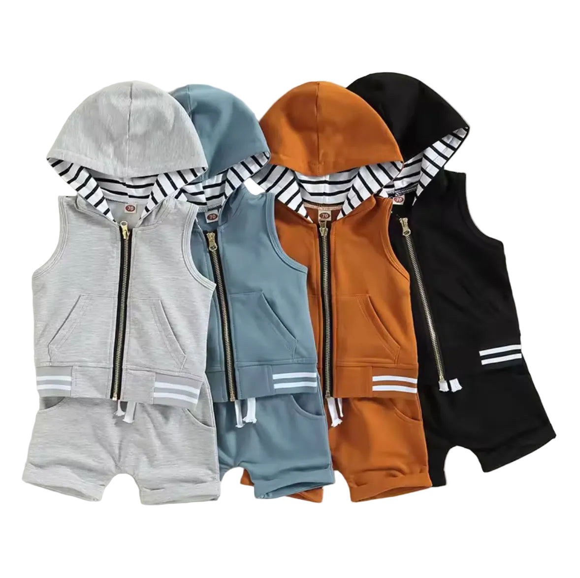 Kids Boys Lightweight Sleeveless Hooded Zipper & Shorts Set. 4 Colours 3M-3Y