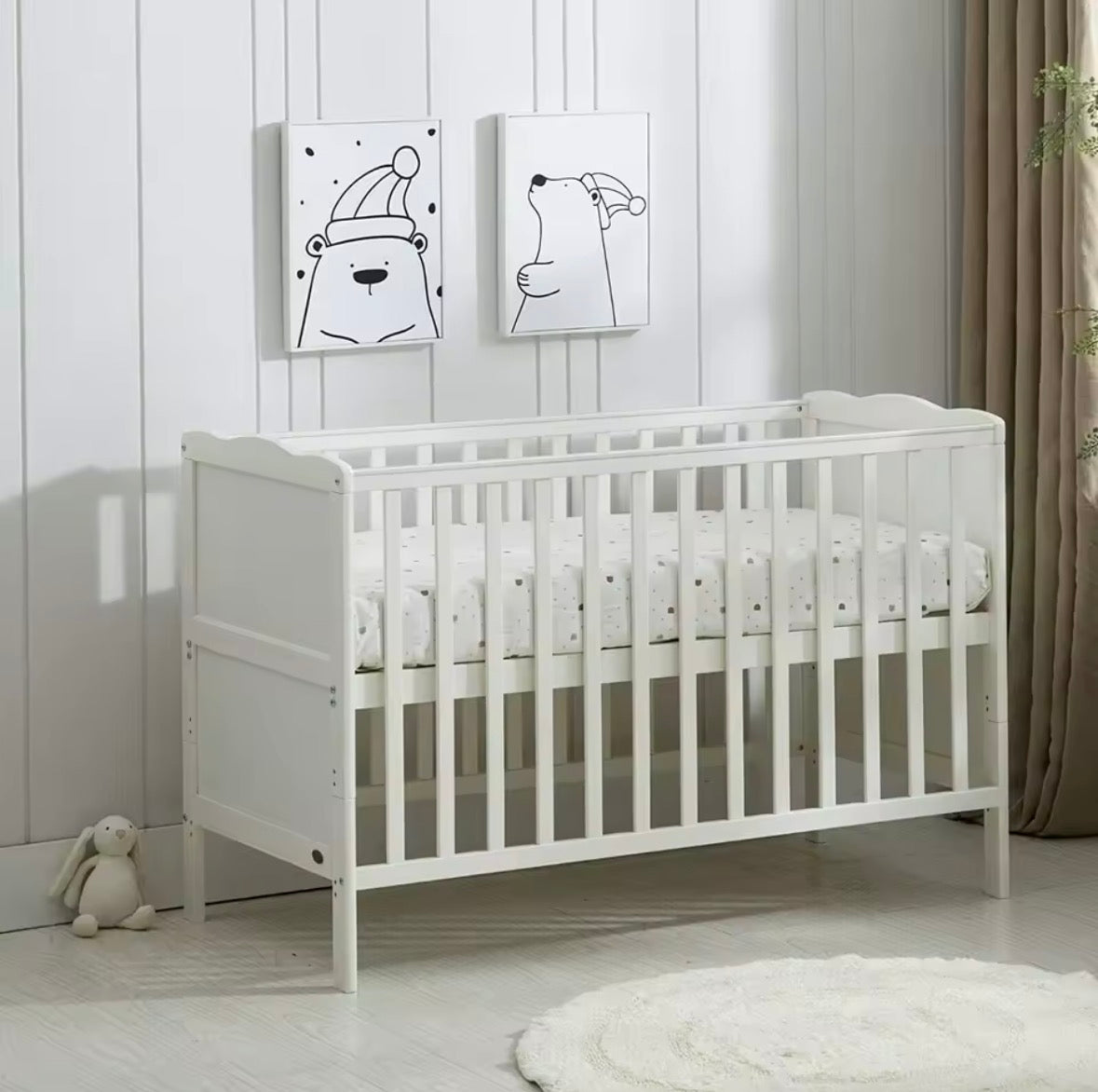 Baby Toddler Wooden Cot Bed with Waterproof Mattress & Drawer Colour Grey
