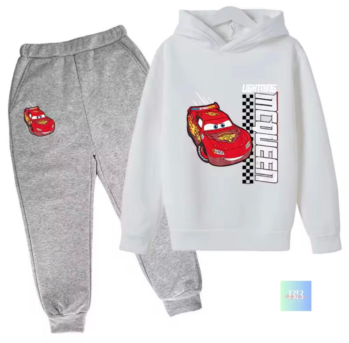 Children's hoodie and pants set with Lightning McQueen design on a white background