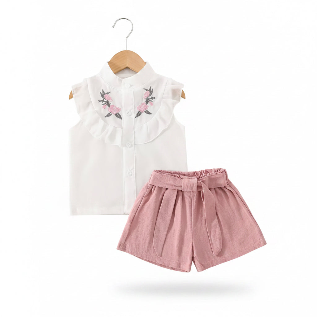 Baby Toddler Girls Sleeveless Cotton Shirt & Linen Shorts Set. 2 Colours 9M-3Y