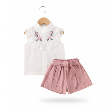 Baby Toddler Girls Sleeveless Cotton Shirt & Linen Shorts Set. 2 Colours 9M-3Y