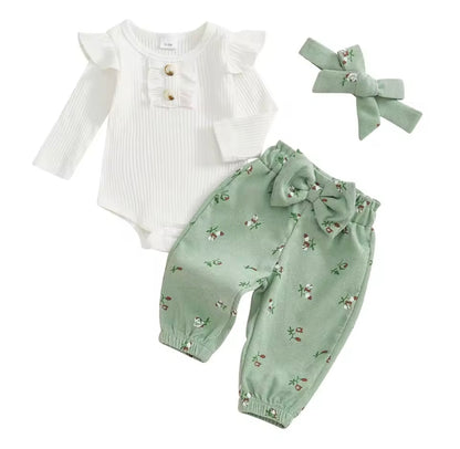 Kids Girls Long Sleeve Romper With Floral Trousers & Headband Set. 3 Colours 1-12M