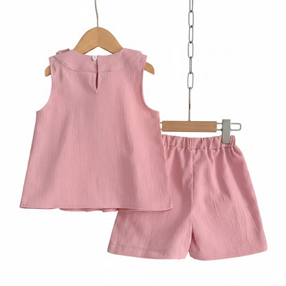 Kids Girls Lightweight Pleated Vest Top & Shorts Set. 5 Colours 3-7Y