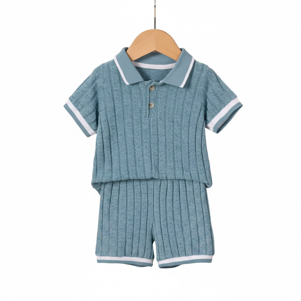 Kids Boys Lightweight Ribbed Polo Shirt & Shorts Set. 3 Colours 18M-5Y