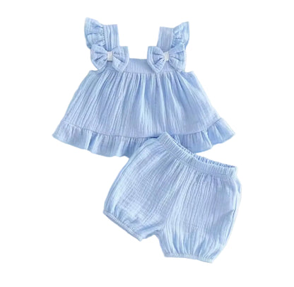 Kids Girls Muslin Ruffled Bowknot Vest Top & Shorts Set. 3 Colours 12M-4Y