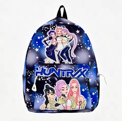 Backpack with animated characters and 'HUNiTX' branding on a white background