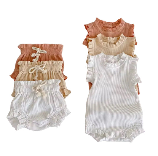 Baby Toddler Girls Ribbed Romper Vest & Matching Shorts Set. 3 Colours 0M-12M