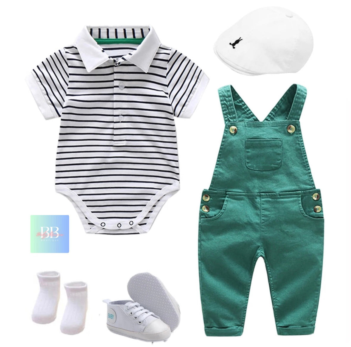 Baby/Toddler Boy Dungarees & Strip Romper with Collar. 3-24M