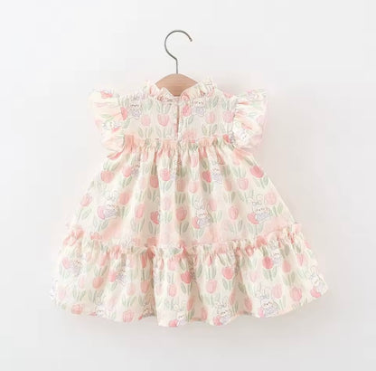 Kids Girls Lightweight Floral Rabbit Print Summer Dress. 9M-4Y