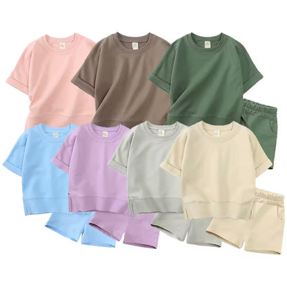 Kids Unisex Lightweight Short Sleeve Sweater & Matching Shorts Set. 6 Colours 12M-7Y
