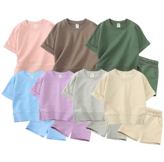 Kids Unisex Lightweight Short Sleeve Sweater & Matching Shorts Set. 6 Colours 12M-7Y