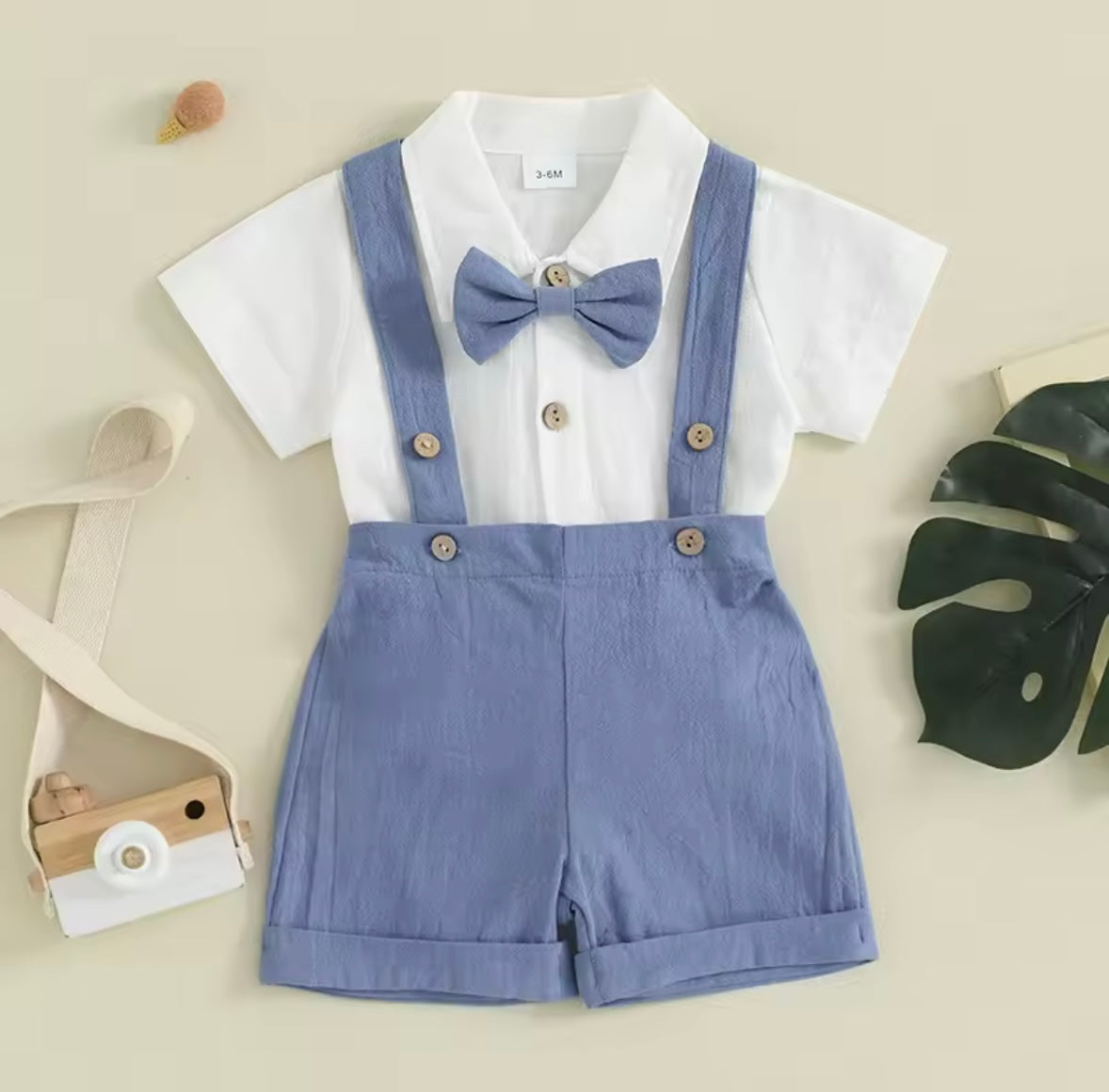 Baby Toddler Boys Romper Shirt with Bow Tie & Dungaree Shorts. 3 Colours 3-24M