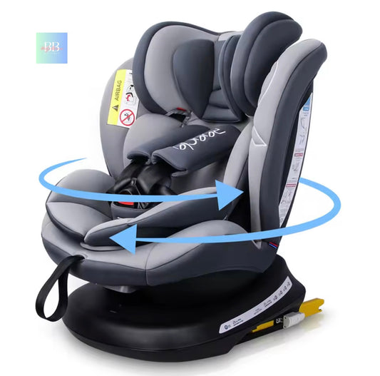 Gray and black car seat with blue arrows indicating rotation on a white background