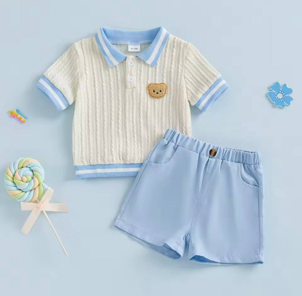 Kids Boys Cable Knit Collared Top & Shorts Set. 2 Colours 6M-4Y.