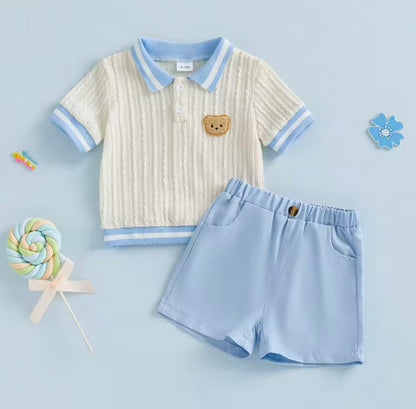 Kids Boys Cable Knit Collared Top & Shorts Set. 2 Colours 6M-4Y.