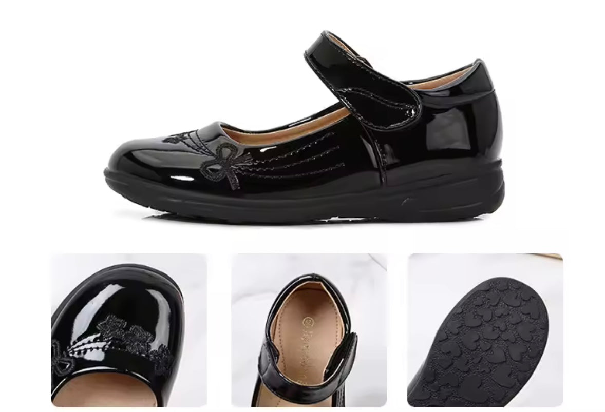 Kids Girls Black Velcro Strap School Shoes. 2 Variations Uk Junior Size 10-4
