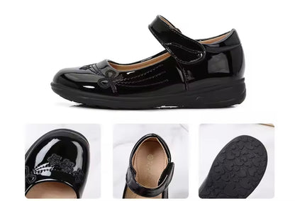 Kids Girls Black Velcro Strap School Shoes. 2 Variations Uk Junior Size 10-4