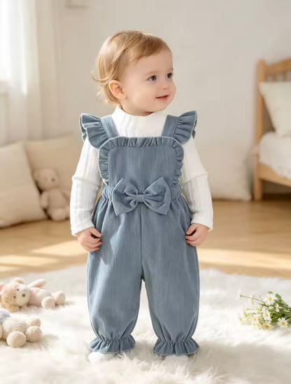 Baby Toddler Girls Ribbed Bowknot Dungarees & Ribbed Long Sleeve Top Set. 2 Colours 3-24M