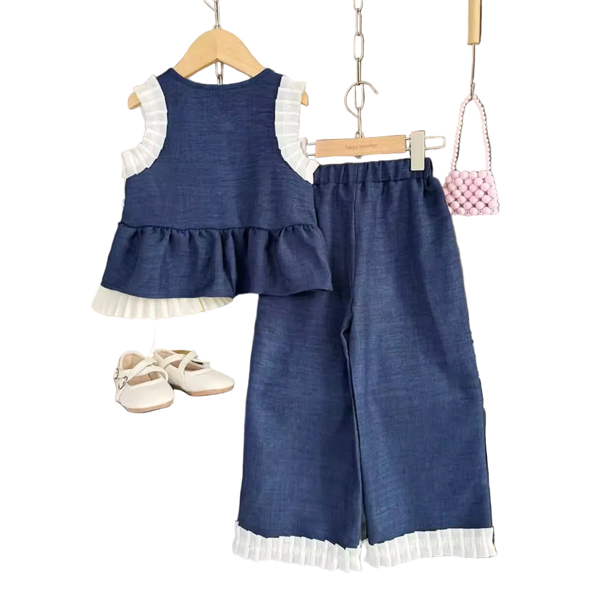 Kids Girls Linen Sleeveless Top & Matching Wide Leg Trousers. 3 Colours 3-10Y