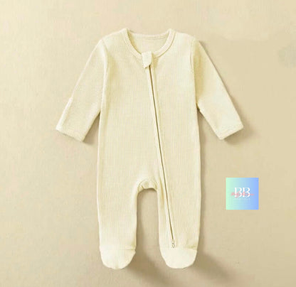Organic waffle Cotton Baby Rompers with zip. Footed Long-Sleeve Sleepsuits 3-12M, 4 colours.