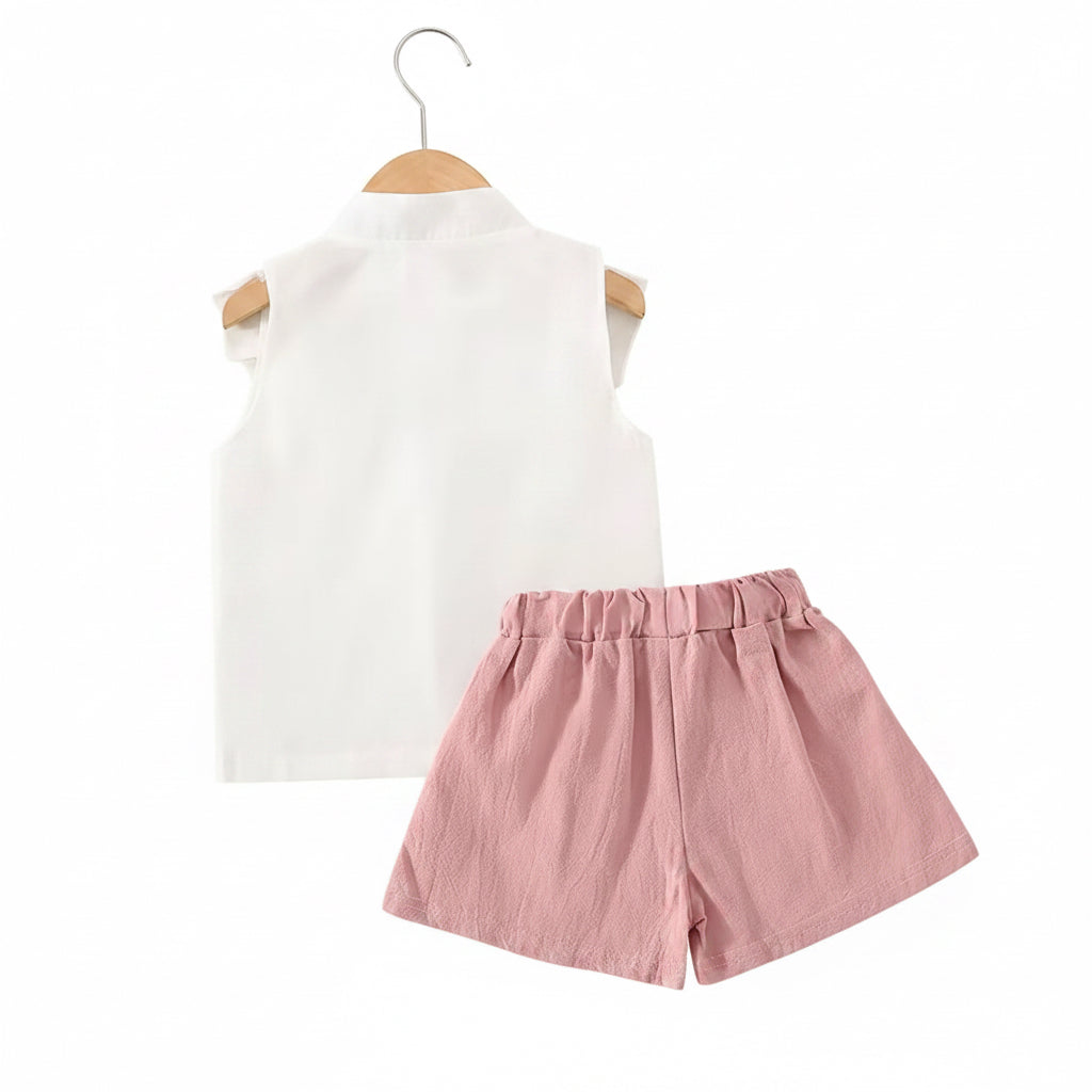 Baby Toddler Girls Sleeveless Cotton Shirt & Linen Shorts Set. 2 Colours 9M-3Y