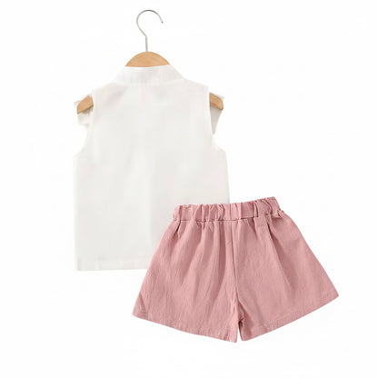Baby Toddler Girls Sleeveless Cotton Shirt & Linen Shorts Set. 2 Colours 9M-3Y