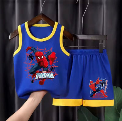 Children's Spider-Man tank top and shorts set on a hanger against a dark background.