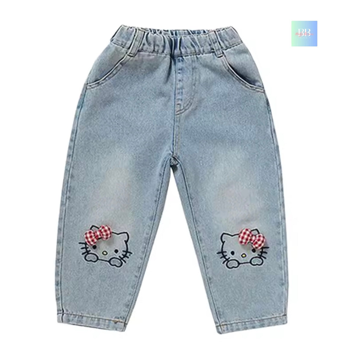 Light blue denim jeans with Hello Kitty designs on a white background