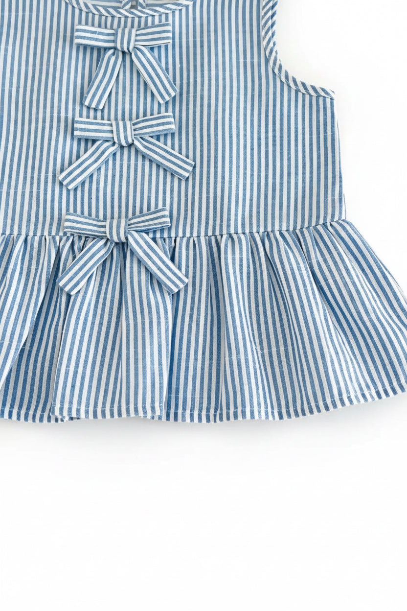 Kids Girls Pinstripe Sleeveless Bowknot Top & Wide Leg Trousers. 2 Colours 3-7Y