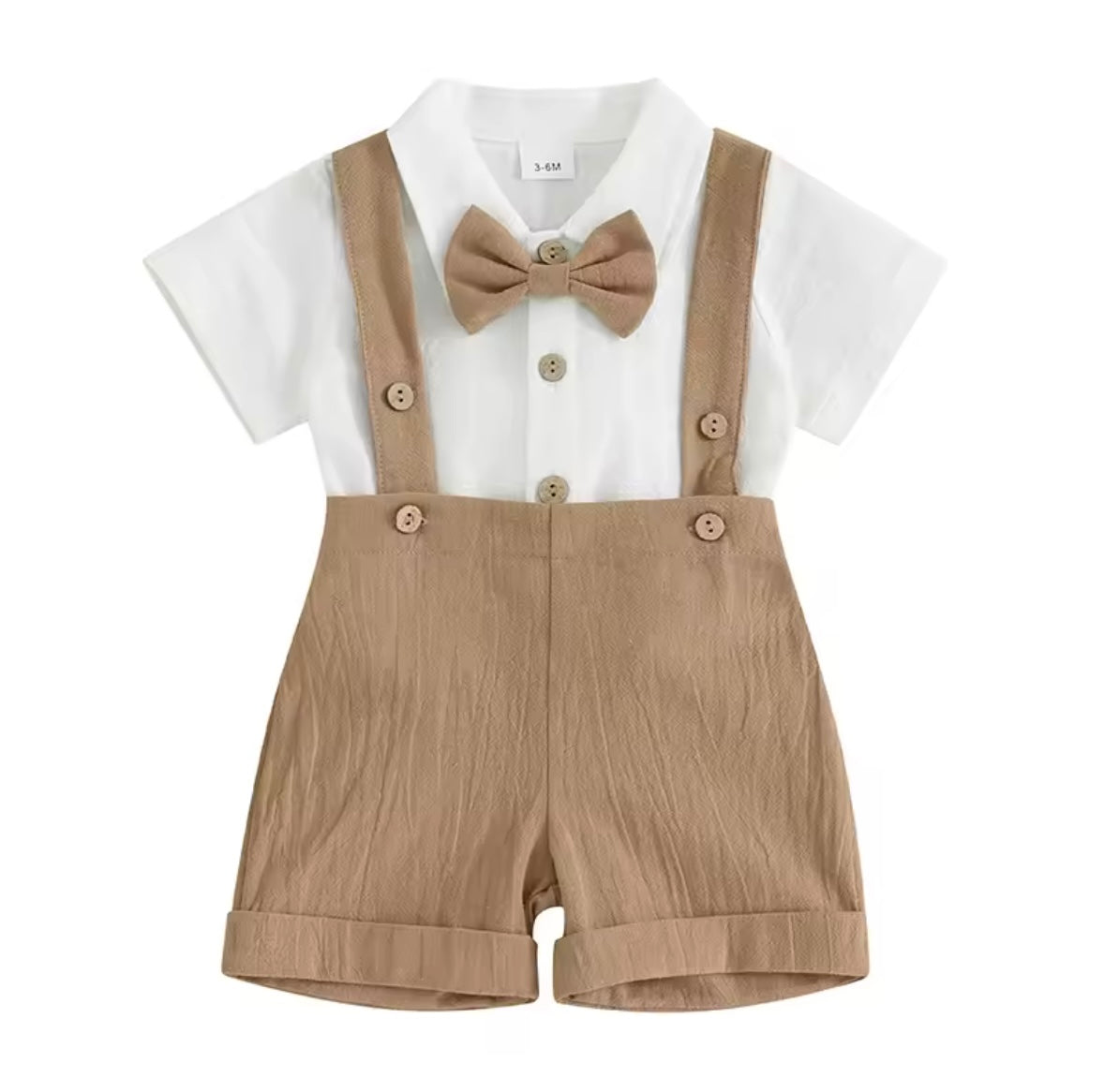 Baby Toddler Boys Romper Shirt with Bow Tie & Dungaree Shorts. 3 Colours 3-24M