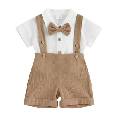 Baby Toddler Boys Romper Shirt with Bow Tie & Dungaree Shorts. 3 Colours 3-24M