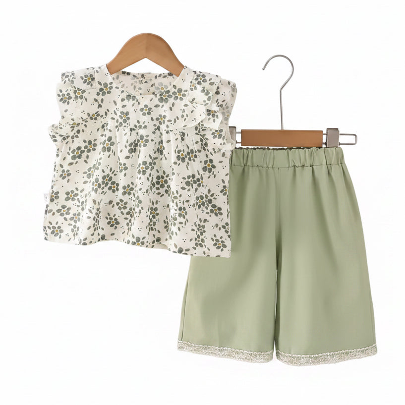 Kids Girls Lightweight Sleeveless Floral Top & Wide Leg Shorts Set. 12M-5Y