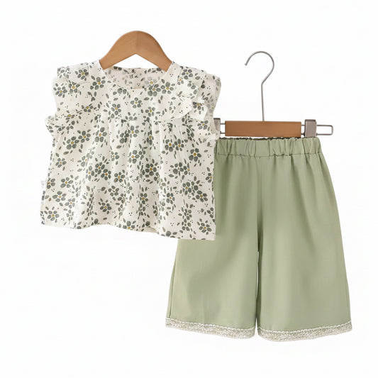 Kids Girls Lightweight Sleeveless Floral Top & Wide Leg Shorts Set. 12M-5Y