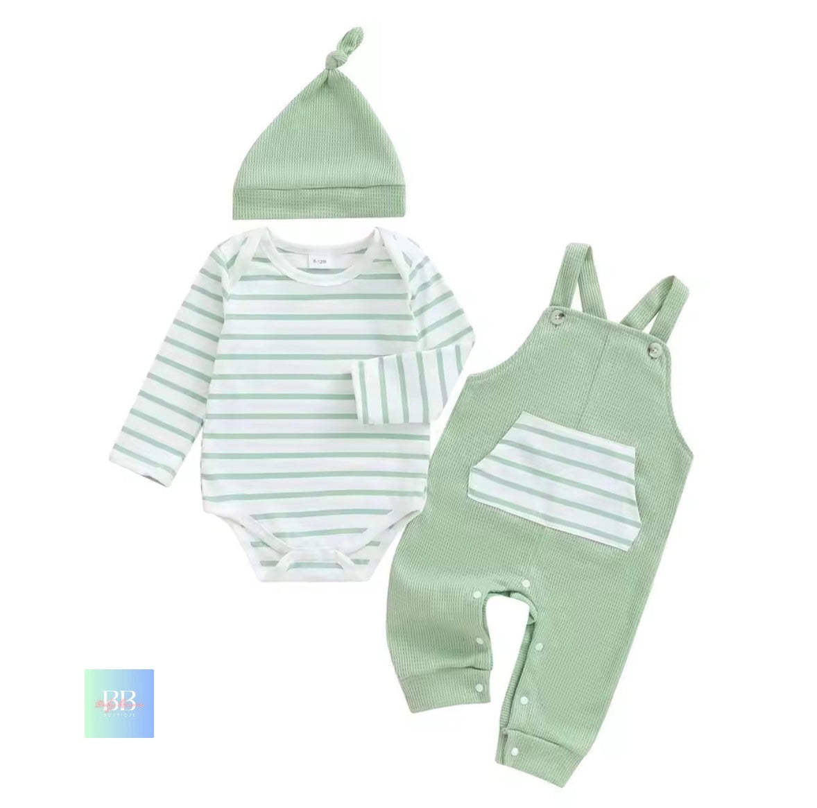 Set of baby clothing including a striped onesie, bib, and overalls on a white background.