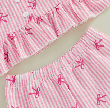 Kids Girls Lightweight Ruffle Pinstripe Vest Top & Shorts Set. 2 Colours 12M-4Y