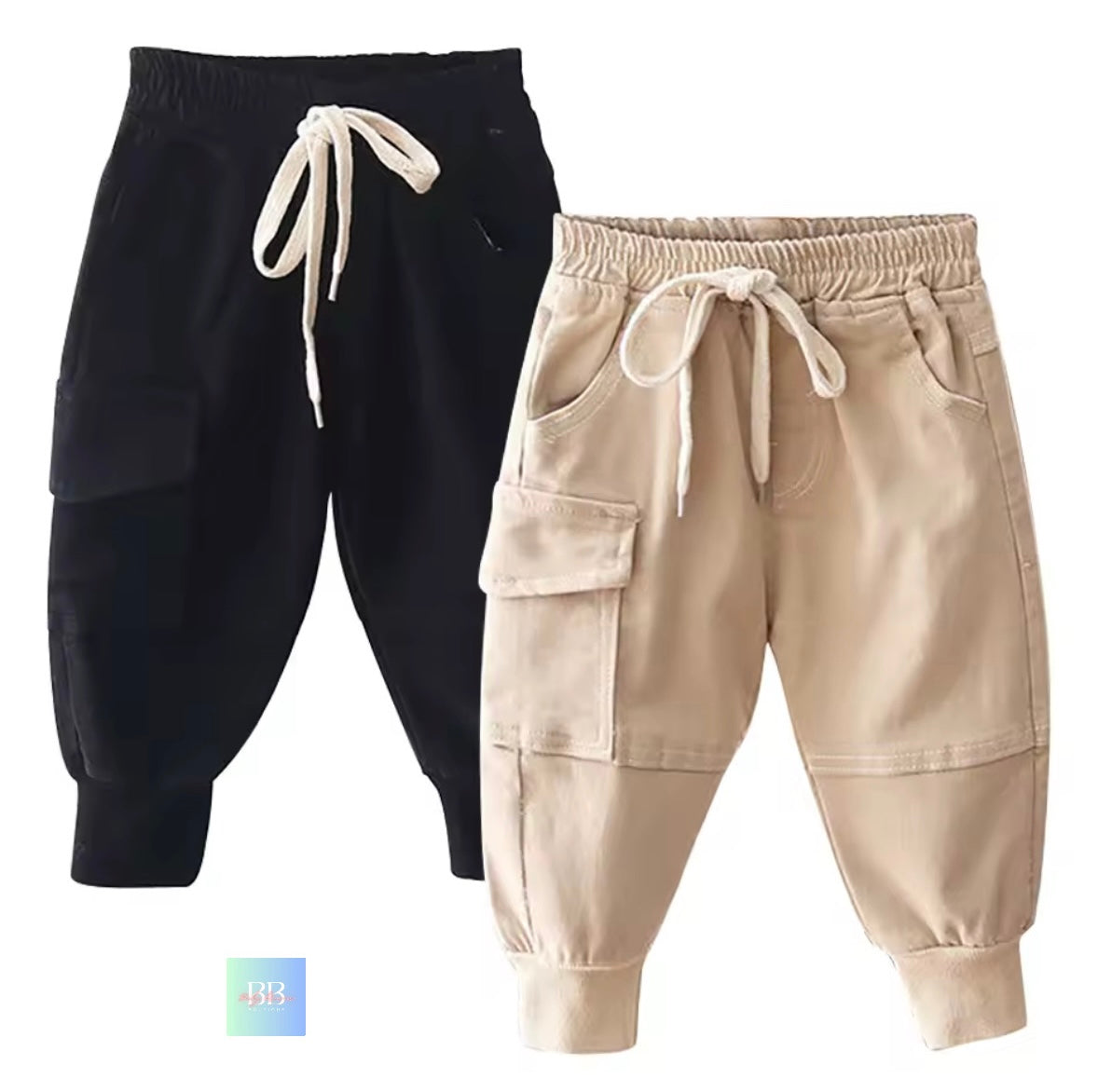Black and beige jogger pants with drawstrings on a white background