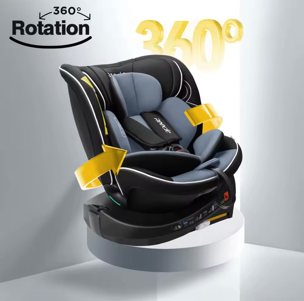 Baby car seat with 360-degree rotation feature on a gray background