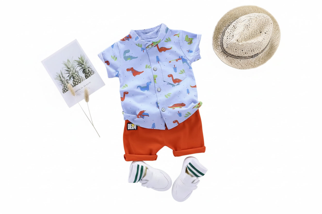 Baby outfit with shirt, shorts, socks, and hat on a gray background