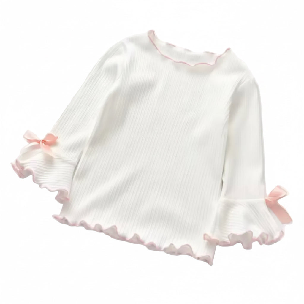 Kids Girls Ribbed Long Sleeve Bowknot Top. 3 Colours 2-8Y